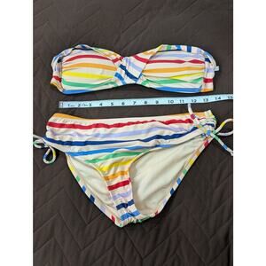 Women's two piece strapless bikini cream w/rainbow stripes by Gibson Latimer S